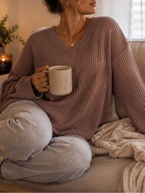 Lavon Mauve Waffle Knit V Neck Sweater XL Cozy Lounge Top Soft Casual